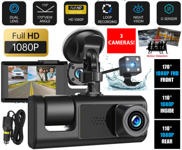 Тройна DVR камера за кола, IMODIX®, Full HD 1080P, 3 лещи, камера за заден ход, 2-инчов екран, нощно виждане, цикличен запис, G сензор, детекция на движение, черен
